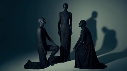 Three figures in shimmering black attire pose in studio lighting, with shadows