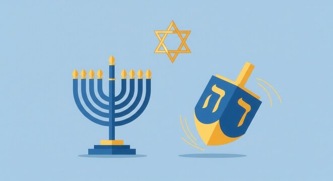 Set of Hanukkah symbols: menorah, dreidel, and Star of David. Flat design for the jewish festival of lights celebration. Ideal for cards, web banners, or holiday invitations.