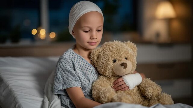 Young bald child seated on hospital bed hugging a teddy bear, medical bandage on arm, subtle warm lighting highlighting innocence and resilience