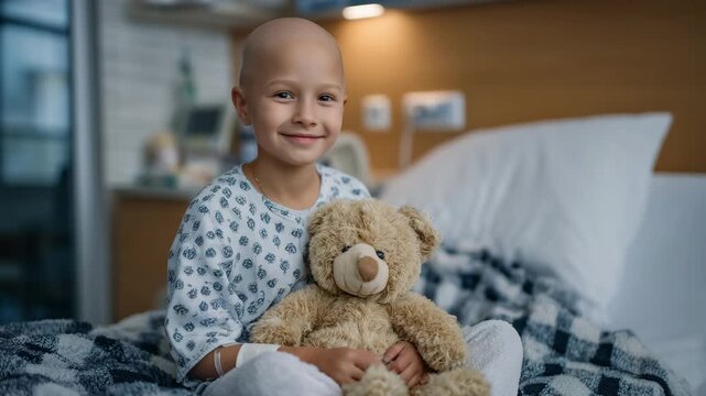 Young child in hospital gown clutching a worn teddy bear, bald head reflecting soft light, medical bandage on arm, cozy and tender hospital environment