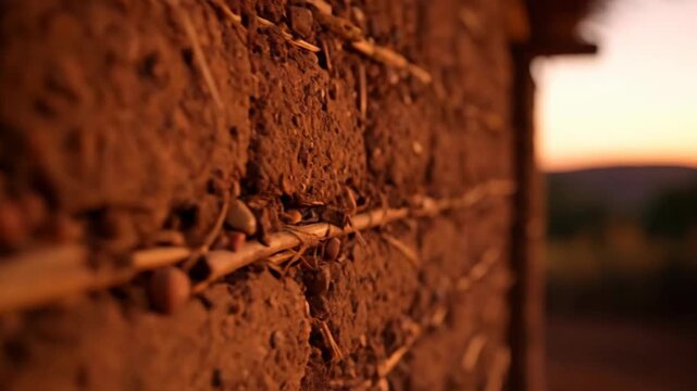 Rustic earthen wall with straw at sunset, blurred background