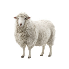 Fototapeta premium A full-body shot of a white sheep with thick wool standing isolated against a transparent background, looking directly at the viewer. background removed