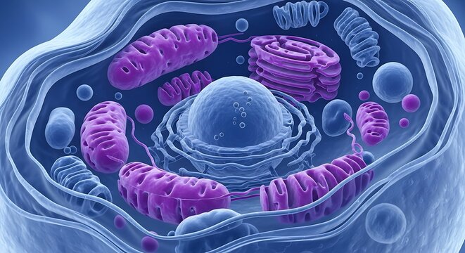 Illustration of a eukaryotic cell with organelles and internal structures