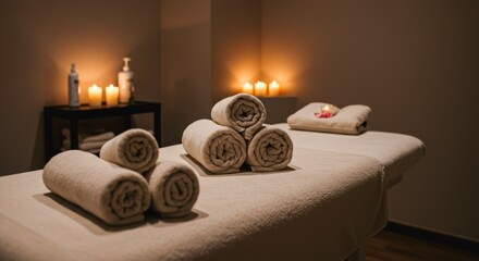 Cozy Spa Room with Rolled Towels, Candles, and Relaxing Ambiance