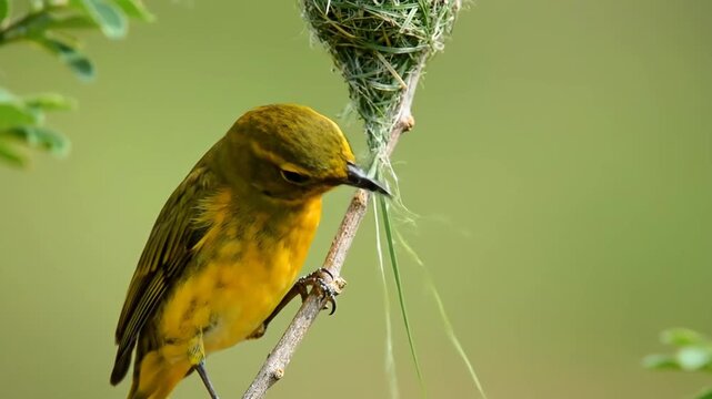 Yellow weaver bird weaving an intricate grass nest while clinging to a thin branch, close-up showing meticulous craftsmanship against a soft green tropical background