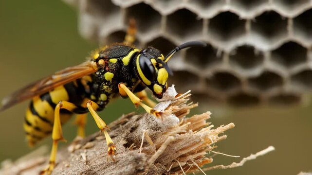 Wasp chewing wood fibers to form paper pulp and meticulously building hexagonal comb cells&mdash;close-up of industrious nest construction and textured honeycomb structure in nature