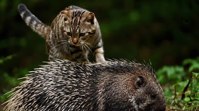 Wildcat carefully balancing on the spiky back of a porcupine, navigating a risky interaction in the wild, showcasing predator-prey dynamics and survival instinct in nature