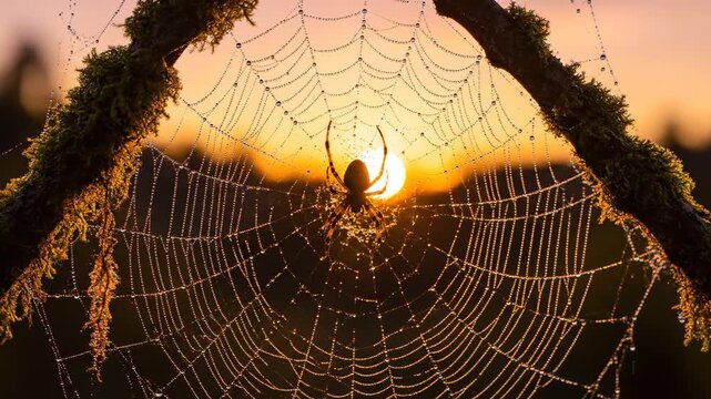 Spider sitting on an intricate silk web covered with shimmering morning dew drops, backlit by the rising sun creating a beautiful silhouette against the soft sky, showcasing fragile nature details