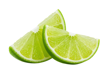 Two vibrant, thinly sliced lime pieces with translucent green pulp and white pith, slightly overlapping on a transparent background with copy space, concept for beverage advertising
