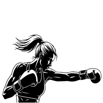 High-contrast black and white illustration of a powerful female boxer in a dynamic punching pose, isolated on white background