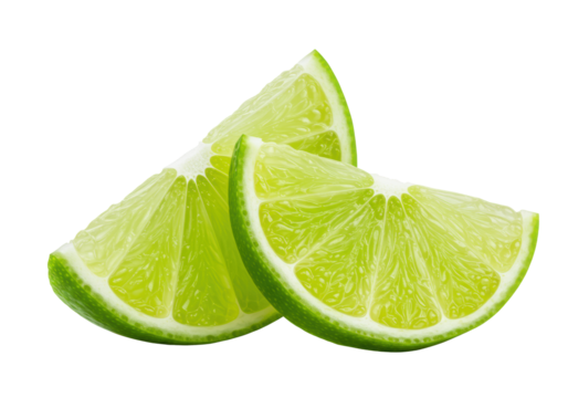 Two vibrant, thinly sliced lime pieces with translucent green pulp and white pith, slightly overlapping on a transparent background with copy space, concept for beverage advertising