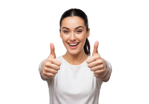 Young woman with dark hair smiling and giving two thumbs up gesture isolated on transparent background
