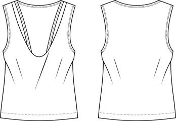 Sleeveless women's top technical flat sketch, front and back view, fashion design, garment construction, vector apparel template, sewing details