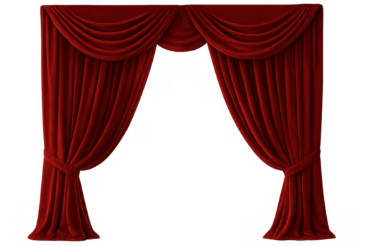 Red velvet stage curtains opening, elegant drapery for theater, cinema, opera, or show performance, transparent background - Powered by Adobe