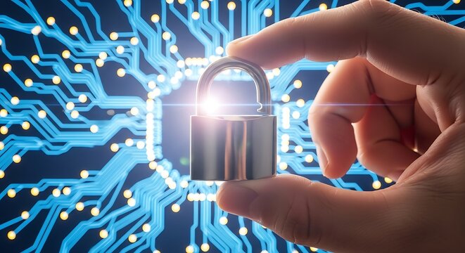 Hand holding padlock, symbol of data protection and cybersecurity concept