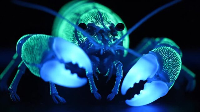 Crayfish displaying vibrant blue and green fluorescence under ultraviolet light, highlighting the unique bioluminescent properties of its exoskeleton in a striking scientific display