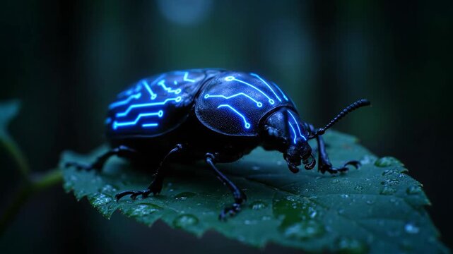 Darkling beetle crawling on a dark green leaf covered with water drops, showcasing its detailed body and highlighting themes of nature, wildlife, macro photography, and growth in a humid environment