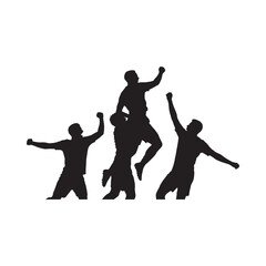 Silhouettes of triumphant athletes celebrating a victory together