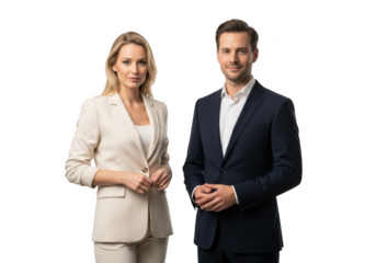 Professional male and female presenters in business attire standing together isolated on transparent background