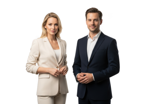 Professional male and female presenters in business attire standing together isolated on transparent background