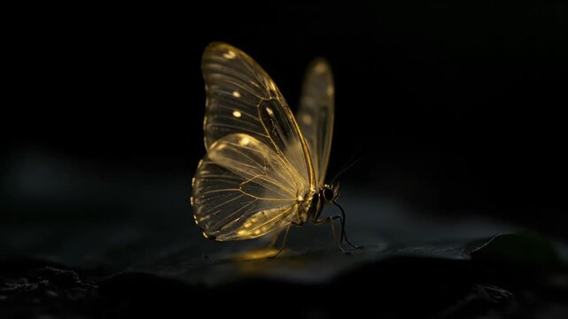 Glasswing butterfly with translucent wings reflecting minimal light while resting on a dark leaf, emphasizing its delicate nature and the surrounding mystery of the nocturnal environment