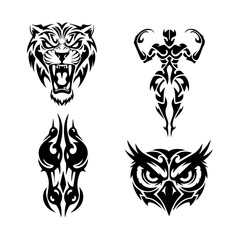 Obraz premium Black Ink Tribal Art Collection of Fierce Tiger, Human, Owl and Abstract Designs for Tattoo Inspiration
