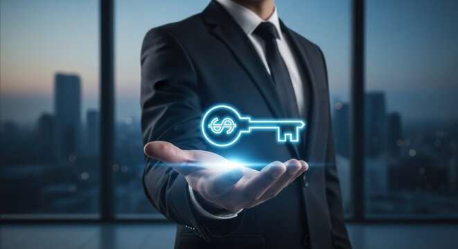 Businessman holding a glowing neon key with a dollar sign symbolizing financial success and opportunity - Powered by Adobe