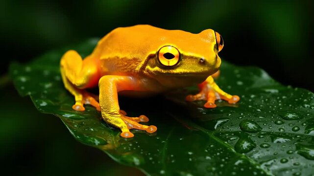Bright orange tree frog with golden eyes perched on a water-dappled dark green leaf, vivid macro detail highlighting texture and contrast in a humid tropical rainforest setting