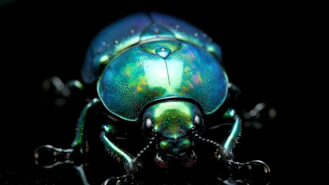Jewel beetle with a shimmering iridescent exoskeleton appearing in a close-up macro view, showing vibrant blue, green, and gold colors on a dark background
