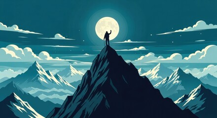 Person standing on mountain peak under full moon and stars