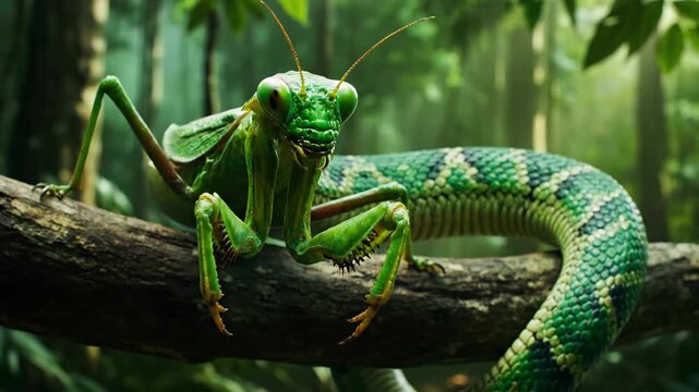 Hybrid creature with praying mantis head, body, and legs, fused with a snake's scaly tail, perching on a tree branch in a lush green jungle setting, representing fantasy and surreal concepts