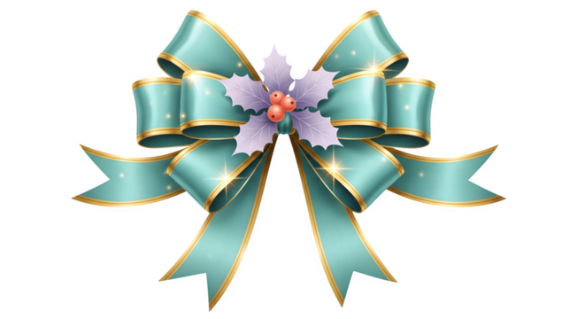 Elegant teal ribbon bow with gold trim isolated on transparent background