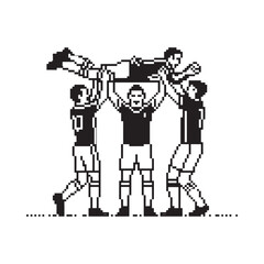 Soccer team celebrates victory lifting teammate in the air