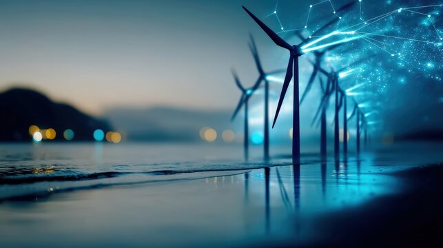 Harnessing renewable energy wind turbines at dusk coastal landscape digital art serene environment futuristic concept