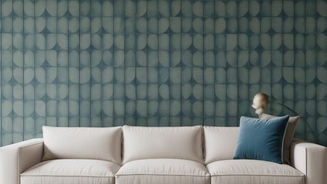 White sofa with blue pillows against a patterned wall of semi-circles in shades of teal