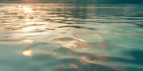 Luz do nascer do sol refletida nas &aacute;guas calmas de um lago cristalino natural