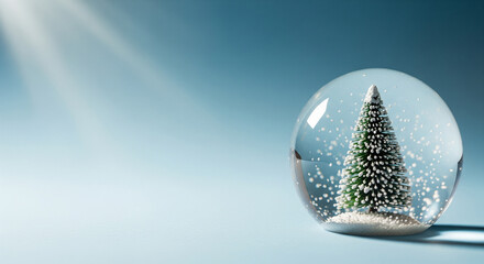 Snow globe with Christmas tree and snowflakes on blue background