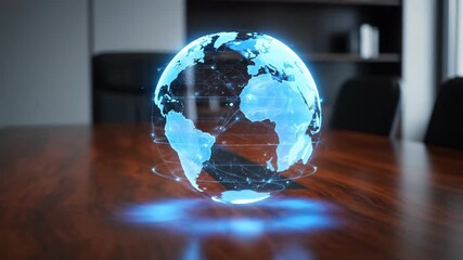 Digital earth globe projection on a wooden table, futuristic technology - Powered by Adobe