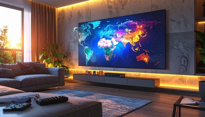 A cozy modern living room with glowing TV showing world map, celebrating World Television Day with warm light and contemporary atmosphere.