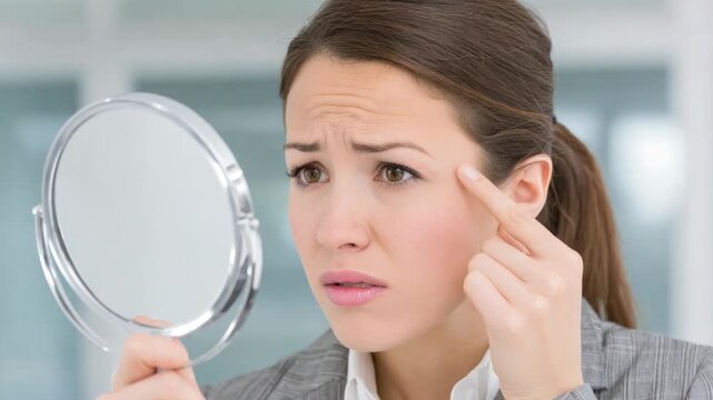 A woman examines her face in a mirror, concerned about wrinkles. She touches her forehead
