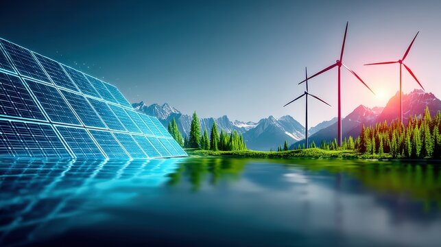 Harnessing renewable energy solar panels and wind turbines at scenic lake nature landscape eco-friendly environment inspirational viewpoint