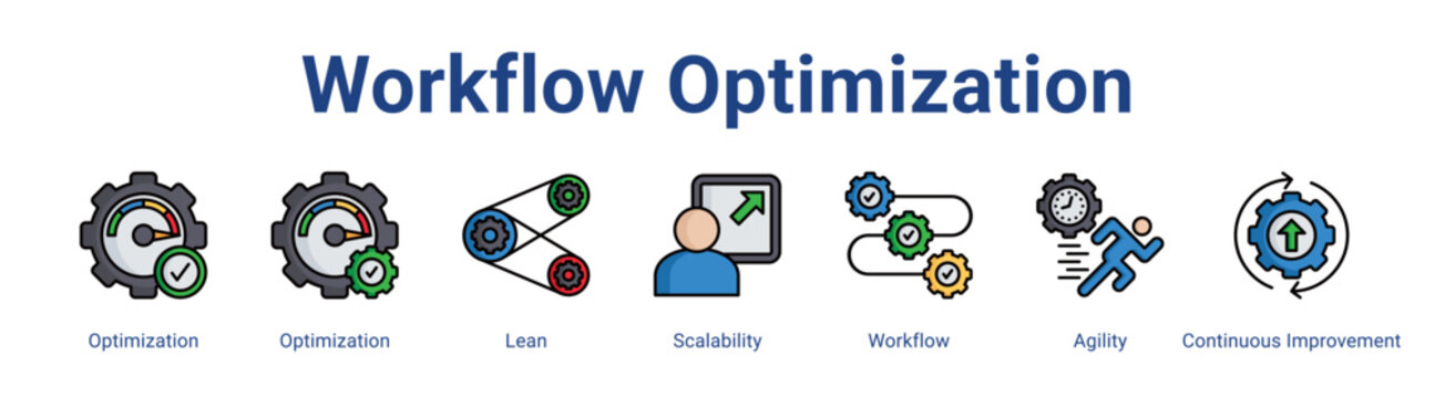 Workflow Optimization web icon vector illustration concept with icon of Optimization, Optimization, Lean, Scalability, Workflow, Agility, Continuous Improvement,in modern flat vector style.