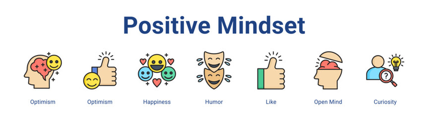 Positive Mindset web icon vector illustration concept with icon of Optimism, Optimism, Happiness, Humor, Like, Open Mind, Curiosity,in modern flat vector style.