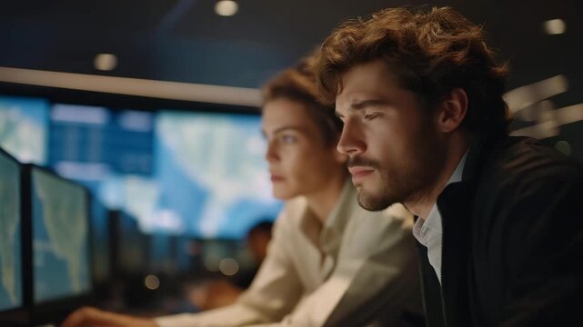 IT specialists in a high-tech security operations center protecting 911 emergency communication servers, displaying live threat analysis dashboards, emphasizing critical infrastructure defense,