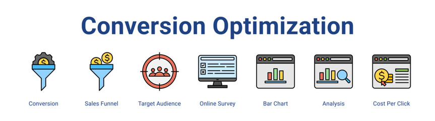 Conversion Optimization web icon vector illustration concept with icon of Conversion, Sales Funnel, Target Audience, Online Survey, Bar Chart, Analysis, Cost Per Click,in modern flat vector style.