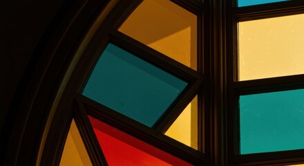 A detailed closeup showing the lead lines and vibrant multicolored segments of a classical architectural window design, bathed in bright sunlight ,soldering ,window ,illumination