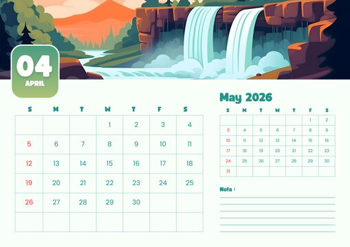 A serene landscape calendar for April and May 2026 featuring a majestic waterfall, mountains, and lush greenery.