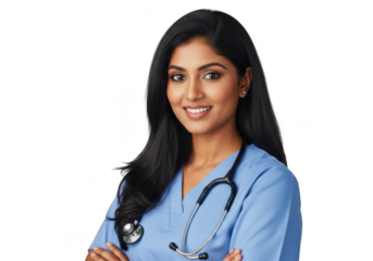 Young indian woman doctor wearing blue scrubs and stethoscope isolated on transparent background