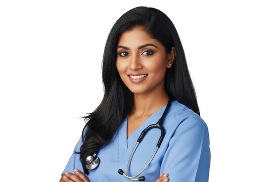 Young indian woman doctor wearing blue scrubs and stethoscope isolated on transparent background - Powered by Adobe