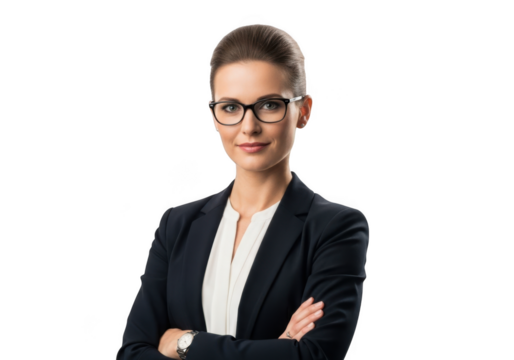 Professional businesswoman wearing glasses and a dark suit with arms crossed isolated on transparent background